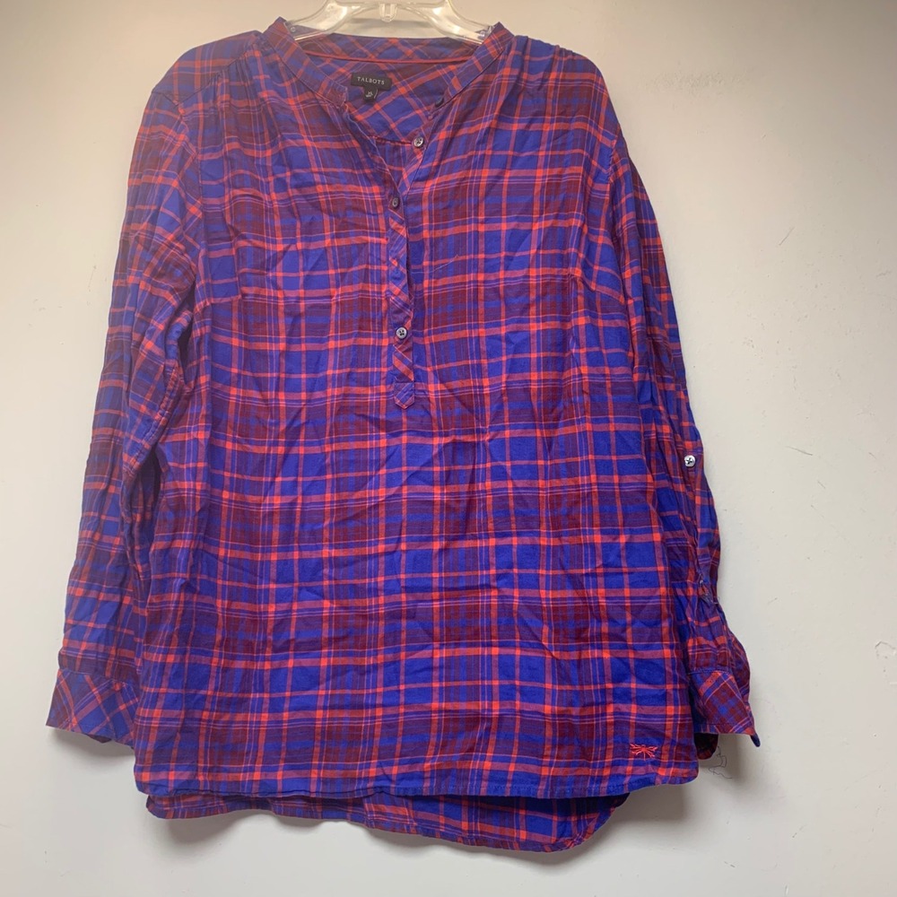 Talbots Plaid Henley Tunic Women XL Blue Orange Excellent Cotton Roll Tab Sleeve